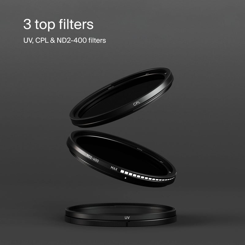 Urth 49mm 3-in-1 Lens Filter Kit - UV, Circular Polarizing (CPL), Variable Neutral Density ND2-400 Multi-Coated Optical Glass, Ultra-Slim Camera Lens Filters - Image 2